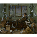 NikolaTesla1-Vdelavnici.jpg<>Nikola Tesla v delavnici, polni golobov. Zelo rad jih je hranil.
